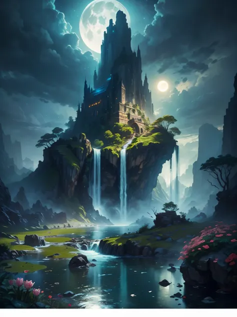 there is a large waterfall in the middle of a mountain, ancient city, epic matte painting of an island, the lost city of atlanti...