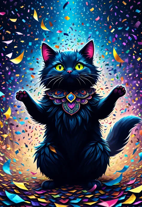 cute sky cat, Bright confetti rains down, Stunning illustration featuring a kaleidoscope of colorful confetti, Dark fantasy world, Fascinated by a dark and fantastic world, Confetti streamers dance in the air, Dark fantasy worldを背景に, 複雑なディテールと細心の注意を払った筆致がD...