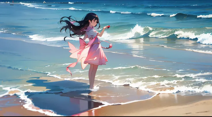 photoRealstic、Illustration of a girl on the beach,She is a magical girl、however、Magic can fail