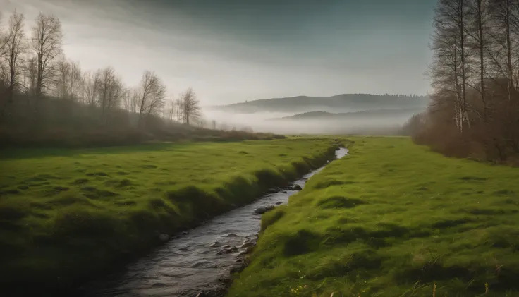 High- sharpness，Master masterpieces，kanon，RAW photos，（fidelity：1.4），Poster effect，The base color is bright，Natural light， mid day，Large grasslands，There was a bit of fog，springtime，The main color is green，small stream，Large area of birch forest，first perso...