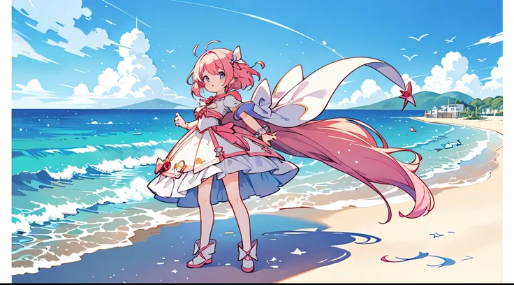 photoRealstic、Illustration of a girl on the beach,She is a magical girl、however、Magic can fail