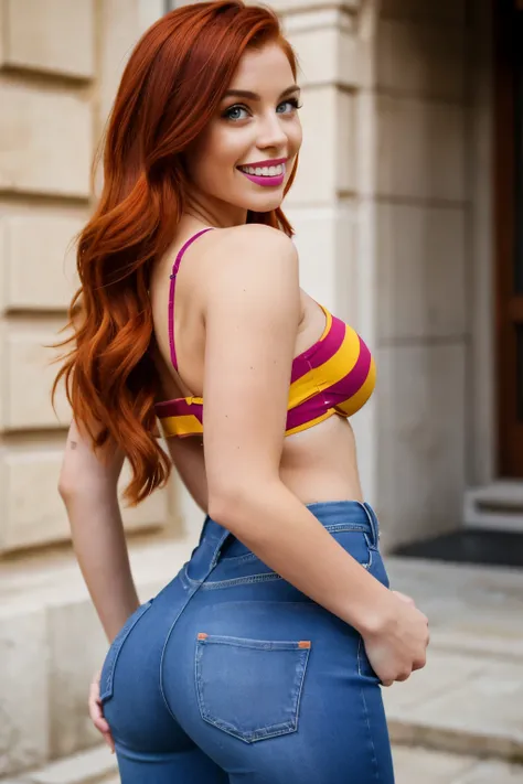  photography of a 23yo Irish woman, green eyes, freckled ruddy light skin, roman nose, square jaw, short auburn red hair, big tits, tight ass, realistic, yellow striped tube top, cutoff blue jeans ragged at the edge, bright red high heels, violet-red lipst...