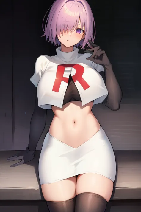 mash kyrielight, hair over one eye, large breasts, blush, purple eyes, solo, looking at viewer, 1girl, short hair, light purple hair, simple background, team rocket,team rocket uniform, red letter R, white skirt,white crop top,black thigh-highs,black elbow...