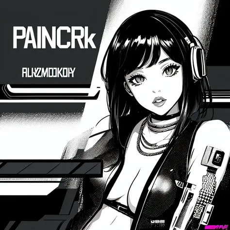 make a phonk album cover portrait of a sexy cyberpunk girl with only black and white colors