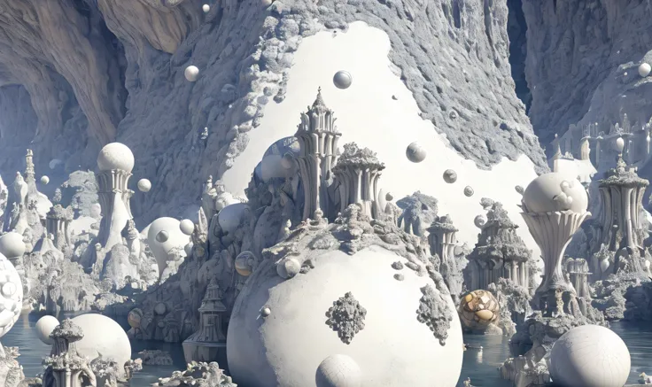 there are many balls of silver color in a water fountain, interplanetary cathedral, complex alien fractal structure, mandelbulb architecture, mandelblub fractal, intricate mandelbulb fractal, 1 6 6 7. mandelbulb 3 d, sacred fractal structures, mandelbulb f...