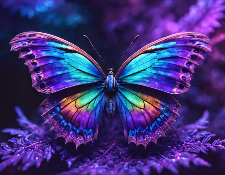 quero a macrofotografia da asa de uma borboleta em tons de azul e roxo, com cores fractais, holographic in just a few details , hyper-realistic microscopic image, Digital art with incredible detail, Arte macro, arte ultradetalhada, brilhante , bright rain...