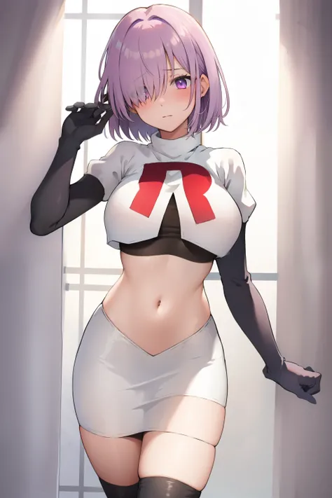 mash kyrielight, hair over one eye, large breasts, blush, purple eyes, solo, looking at viewer, 1girl, short hair, light purple hair, simple background, team rocket,team rocket uniform, red letter R, white skirt,white crop top,black thigh-highs,black elbow...