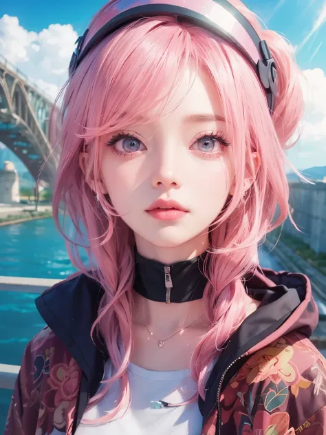 A very cute woman. pink hair. Beautiful double eyes. The bridge of my nose. Well-shaped lips. modern clothing. A picture with an anime touch.