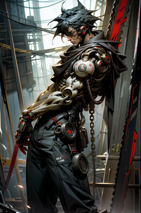 Dark_Fantasy,Cyberpunk,(chain saw,chain saw man,Red:1.1),1man,Mechanical marvel,Robotic presence,Cybernetic guardian,