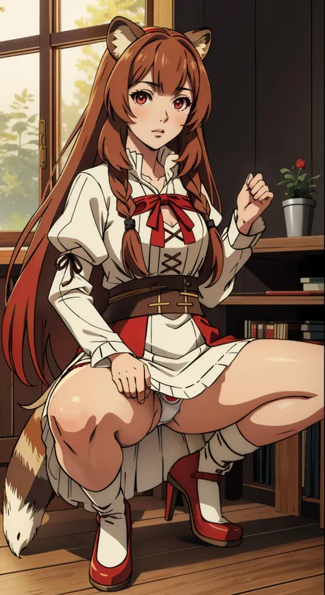 (masterpiece, highest quality),  intricate details,
1 girl,  Raphtalia, sexy,squatting down、Spread your legs and show off your panties、White Miniskirt Dress、spread legs,show white panties,animal ears, brown hair, long hair, raccoon ears, a racoon girl, rac...