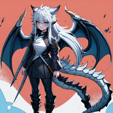 masterpiece, shoulder length white hair, female,2 white fox ears, teenage girl, body,, white scale dragon tail, military boots,black leggings, dark blue skirt, white T-shirt, white jacket, medium size chest, detailed blue eyes,solo female,1 dragon tail, to...