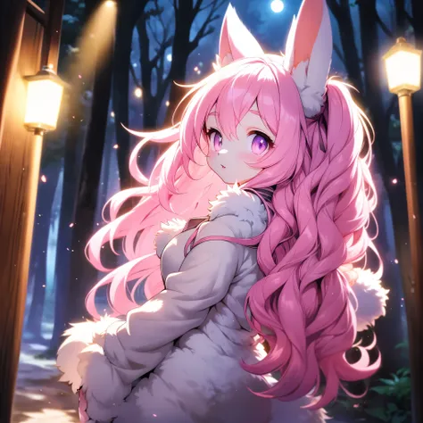 rabbit girl, pink hair, white fur,fluffy rabbit tail, woods, fullmoon, moonlight, high detailed fur, nude, looking back, light and shadow detail