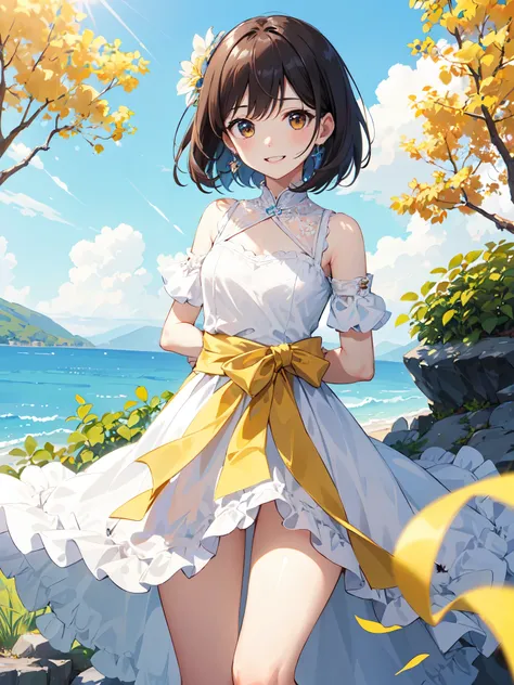 ((highest quality)), ((masterpiece)), (be familiar with), perfect face, 1 girl, bob cut, Smooth hair quality, hair is milk tea color, light brown eyes, Knee-length white fluffy dress,Yellow floral pattern,I&#39;m embarrassed,smile, cheeks are red,(((hands ...