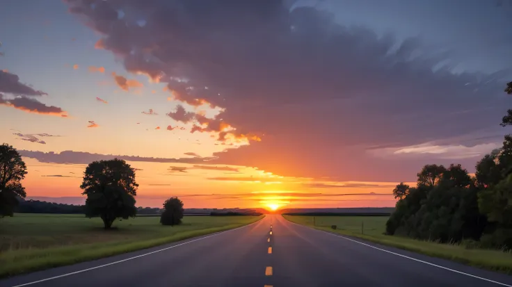 country road into a sunset in the horizon