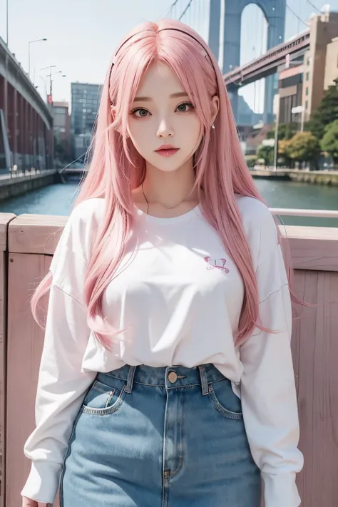 A very cute woman. pink hair. Beautiful double eyes. The bridge of my nose. Well-shaped lips. modern clothing. A picture with an anime touch.