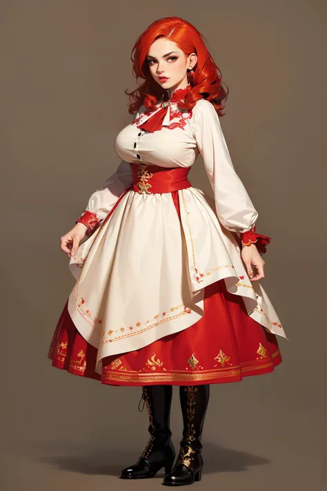 danish inspired, russian inspired, dress design, ruffles, embroidery, intricate, long sleeves, ankle length, fantasy, villager, fashion concept, fashion design, fashion plate, standing pose, concept art, petticoat, boots, hip length curly red hair, perfect...