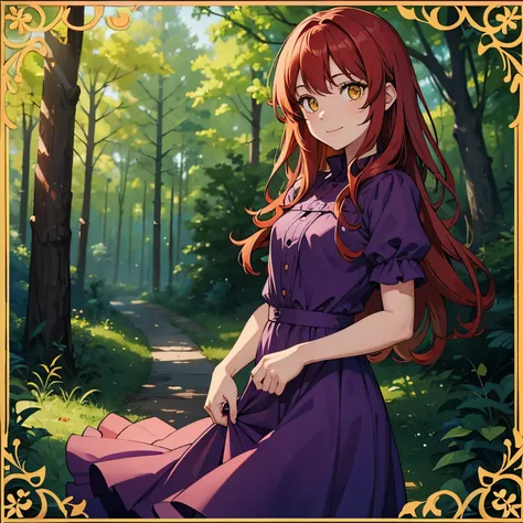 Girl with wavy red hair, yellow eyes, frame, with a small smile wearing a purple dress while at a forest.