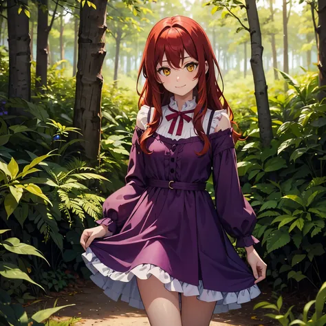 Girl with wavy red hair, yellow eyes, frame, with a small smile wearing a purple dress while at a forest.