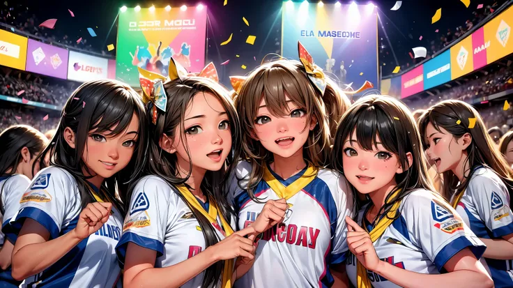 (highest quality、High resolution、master piece: 1.2)、Super detailed、(real、photorealistic、photorealistic: 1.37)、HDR、UHD、extreme details、Bright colors、Bokeh、group portrait、celebration、winning moment、soccer team、giant confetti shower、excited、happy face、A big s...