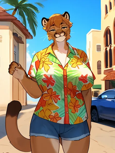 By bebebebebe, by lostgoose, by goonie-san, solo, female, smiling, happy, feline, (((cougar))), big breasts, ((hawaiian shirt)), cargo shorts, standing, in florida, in city, (hair)