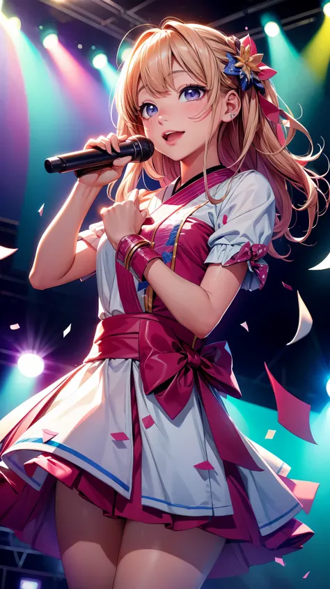 (8K, RAW photo, highest quality, masterpiece: 1.2), High-definition RAW color photo, professional photography, cinematic light, on a small stage、Wearing colorful idol costumes、surrounded by bright stage lights、いっぱいに舞うconfetti, カラフルなconfetti, With a lively ...