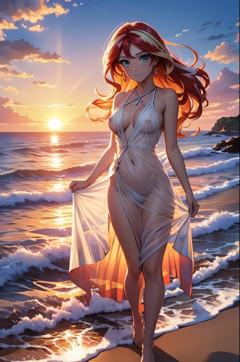 sunset shimmer on the beach with a wind blown long flowing white see-through dress, nudity