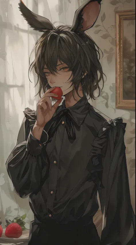 beautiful young man, dark, shoulder length hair, bunny ears, black blouse with subtle frills, trying to eat strawberries, just b...