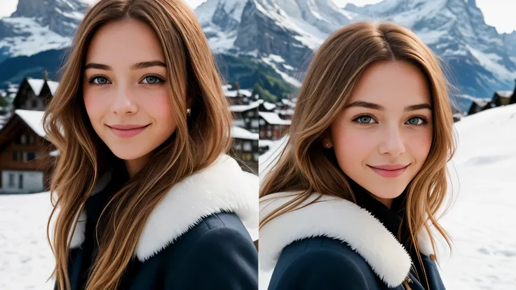 Instagram pictures, 1French Girl, Shoulder length hair, with light blonde hair, Close-up photo, coat, The background is the village of Grindelwald...., Switzerland, smile a little,