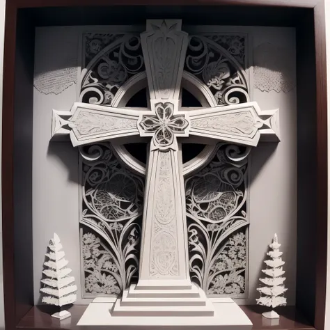 Paper-cut art, intricate details, multileveled, advanced, depth, tombstone, grave, cross