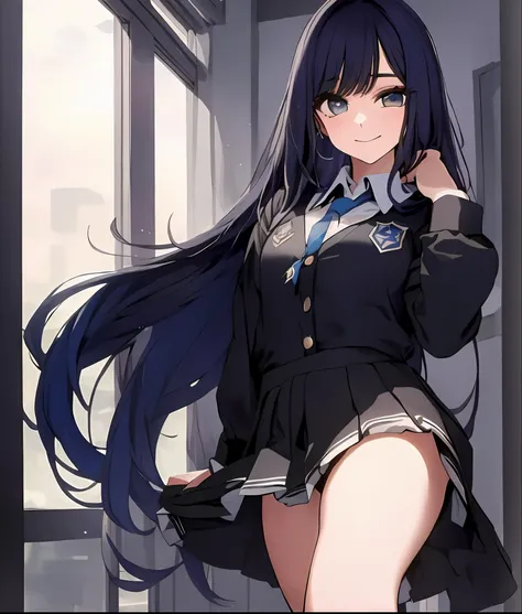 Menina anime with long black hair and blue eyes posing in a room, linda garota do ensino médio de anime, seductive Menina anime, estilo de arte anime moe, melhor garota de anime, fanart de marin kitagawa, attractive Menina anime, Menina anime with long hai...