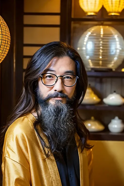 This is a small temple where a 50-year-old genius male fortune teller active in the East lives.。Im Japan。He is a god-like person who brings happiness to his clients.。His background has a golden aura。Her hair is also a beautiful black color、His rich beard i...