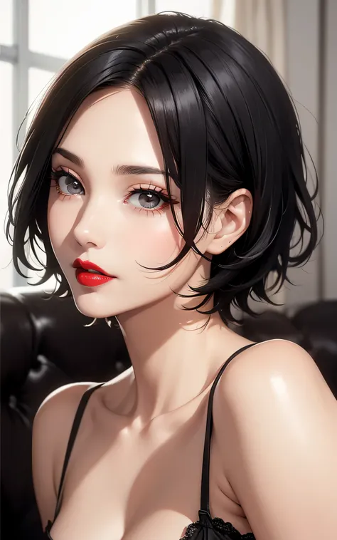 (45year old，Red lips、very short hair:1.3)、 absurderes、Flat Lighting、realisticlying、ultra-detailliert、bright colour、beautiful detailed eyes、perfect eyes、detailed hair、1 woman、(black hair、jet black eyes)、Delicate beautiful face，A sexy，Bed，Sheer Dress、confuse...