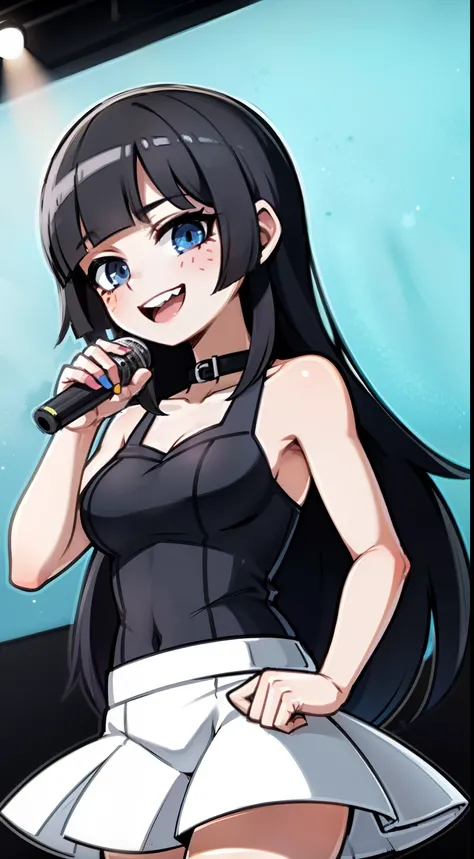 idol singer，escenario，holding a microphone，8k，extrafino，Focos, girl black hair white eyes and bangs that cover her eyes freckles on her cheeks 