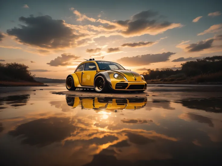 Yellow VW Beetle, golden hour, yellow ray lighting, post-apocalyptic sunrise at the end of the world. car reflected by water puddles on the ground. cinematic.