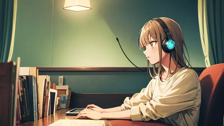 masterpiece, best quality, highres, aachinatsu, medium hair, girl listening to music in cozy room at night, use headphones, 2d s...