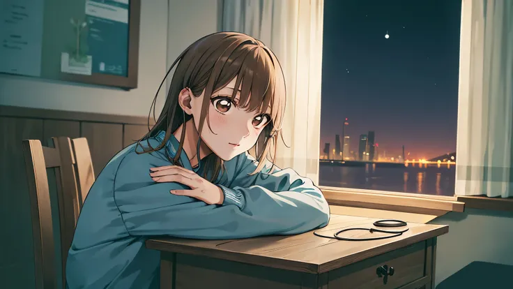 masterpiece, best quality, highres, aachinatsu, medium hair, girl listening to music in cozy room at night, use headphones, 2d s...