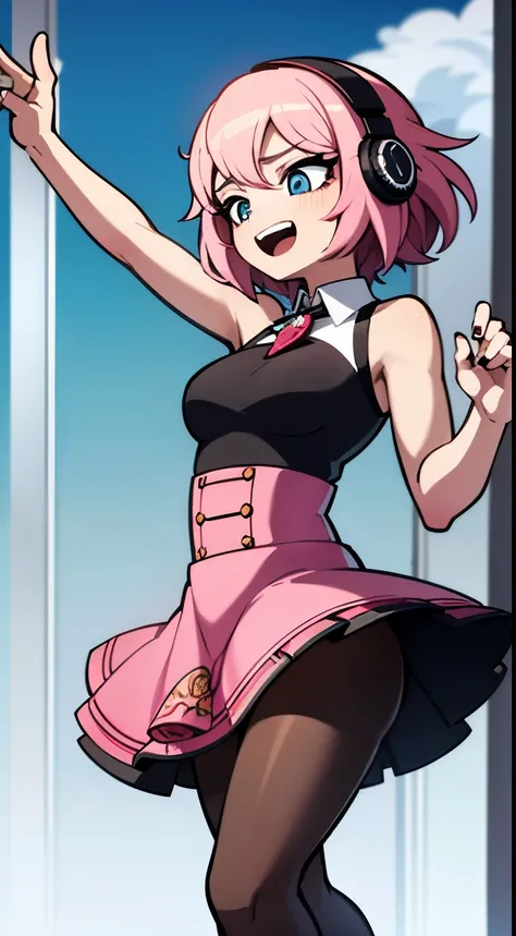 Obra maestra, la mejor calidad, Anime image of a girl with very short pink hair, has headphones, wears an idol dress and is on a stage tasting and dancing while holding a microphone 