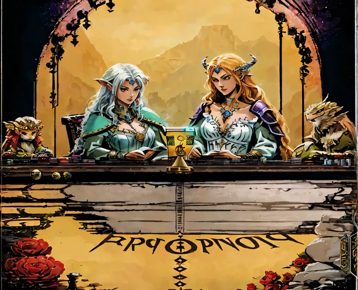 Close-up of a painting of two women sitting at a table, role playing art, role playing artwork, ( Art Fitzpatrick ), rpg game art, RPG rulebook illustration, Epic Fantasy Card Game Art, author：Patrick Woodroffe, Propaganda art, dragon枪插图, board game Cover ...