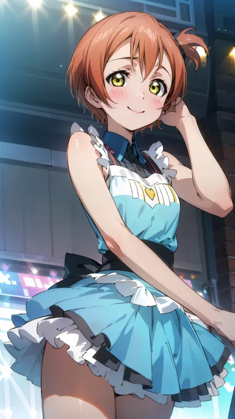 (((pixel-perfect, detail-perfect))), solo, 1girl, rin hoshizora, dress, looking at viewer, smile, love live stage, sing