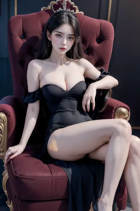 masterpiece, highest quality, realistic, 1 girl, inside the palace, Sitting cross-legged on a throne, wine red dress with gold decorations, princess, beautiful long hair, big ass, realistic美しいlegs, Clothes with a wide open chest, stockings, nipple protrusi...