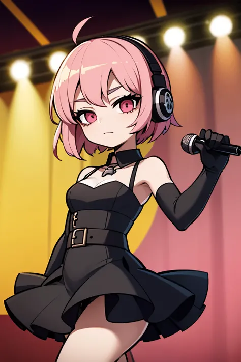 Obra maestra, la mejor calidad, Anime image of a girl with very short dark pink hair, has headphones, wears a Gothic dress and is on a stage tasting and dancing while holding a microphone