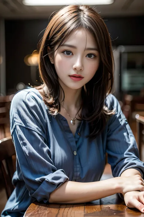 table top, highest quality, shape, Super detailed, finely, High resolution, 8k wallpaper, 完璧なダイナミックな構shape, beautiful and detailed eyes, Blue blouse, medium hair,natural color lip,necklace,  (sitting), (body facing forward,face to face:1.3), 20 year old gi...