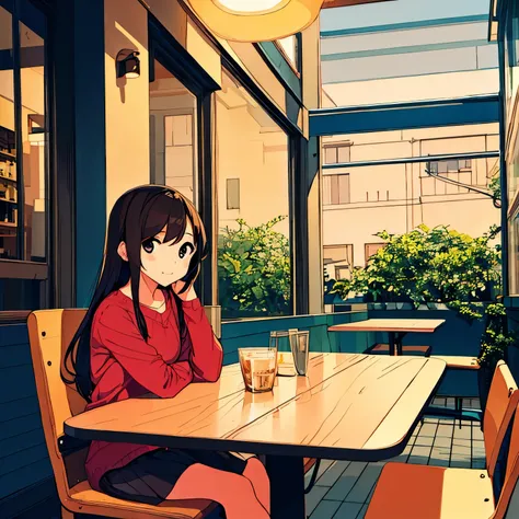 Girl sitting in a café、Chic atmosphere、Painterly、