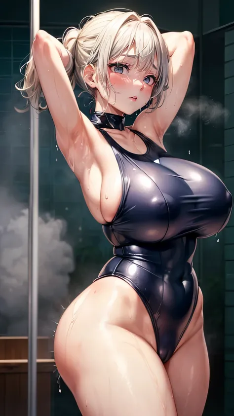 (korean idol)　japanese idol　Gorgeous　(huge )　((A latex ultra-shiny mirror metallic silver school swimsuit that is so shiny that it reflects light when soaked wet.))　(Round face chubby)　((Plump))　((Blonde Shorthair))　((Drenched in sweat in the steam sauna))...