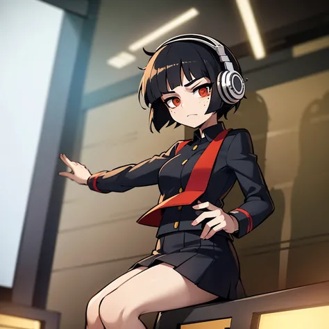 Anime girl with very short black hair, bangs that reach down to her nose, has freckles on her cheeks, wears headphones and wears a  uniform, is on stage holding a microphone 