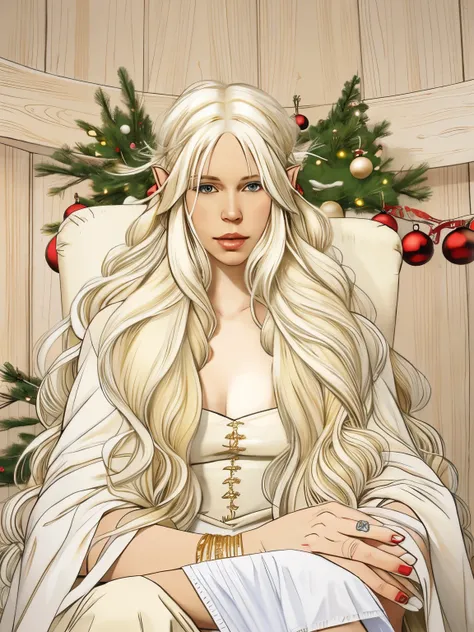 Blonde girl sitting on chair，With Christmas tree garland, long blond hair, with white hair, with long white hair, Long white hair and bangs, white hair girl, platinum long hair!!, her hair is white, Urzan, Very long snow-colored hair, christmas eve, long w...