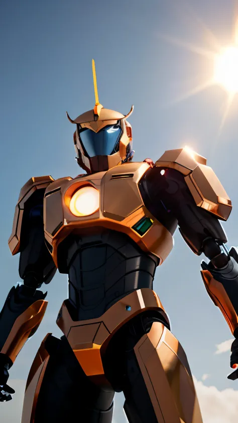 robot police is holding a stop sign. This ultra-high resolution, photorealistic full-body portrait is bathed in the warm glow of sunlight, capturing the essence of the scene. The style is reminiscent of mecha sci-fi anime, presented in an impressive 8K res...