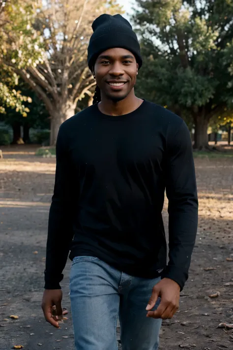 ((perfect photograph)), ((realistic)), ((8k)), (perfect face), gorgeous black man with corn roll hair, wearing a straight long black long sleeve t-shirt and dark jeans and a beanie, walking towards camera, outdoors, lots of light, smiling, large dark oak t...