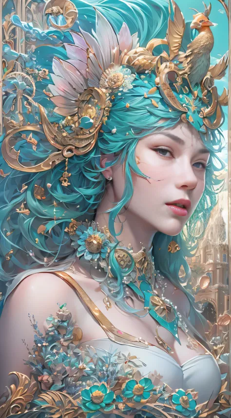 best qualtiy，tmasterpiece，超高分辨率，（photograph realistic：1.4），ultra-realistic realism，Dream-like，The beautiful blue goddess wears a phoenix peacock on her head, Nautilus, a betta fish，The creation of fantasy，Brain conch，Dream Conch，Biopunk Nautilus，Thrilling ...