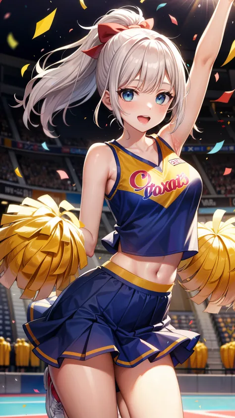 (best quality:1.2), masterpiece, high resolution, perfect lighting, lens flare, cheerleader, jump, long hair, ponytail, holding pom poms, burst into laughter, sleeveless, vivid, detailed eyes, t-shirt, skirt, BREAK ((colorful confetti)), stadium, gorgeous,...